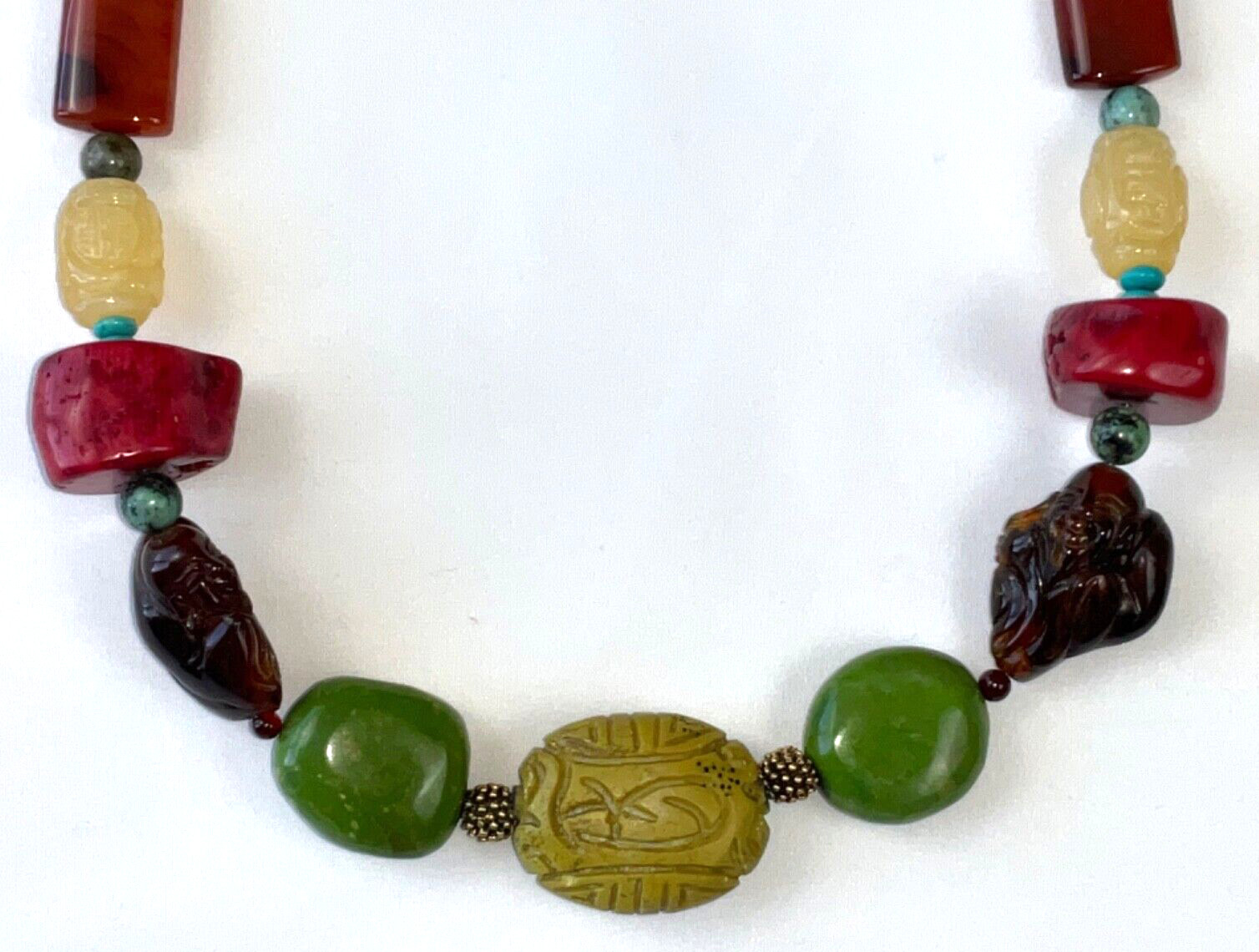 Beautiful Buddha Carved Bead Artisan STATEMENT NECKLACE Coral Turquoise Amber