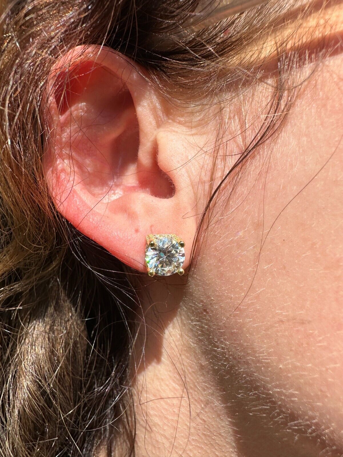 Moissanite 3D Iced Solitaire Screwback Stud Earrings Real 14k Gold Plated Silver