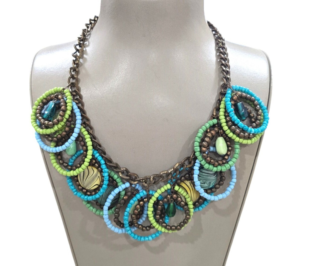 Stephan & Co Trendy Brass Plated Dark Metal Green Blue Statement Necklace NWT