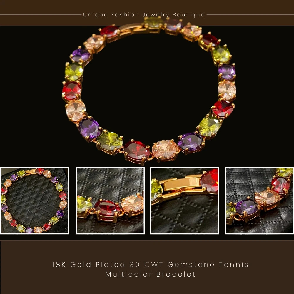 18K Gold Plated 30 CTW Gemstone Tennis Multicolor Bracelet Birthday Jewelry
