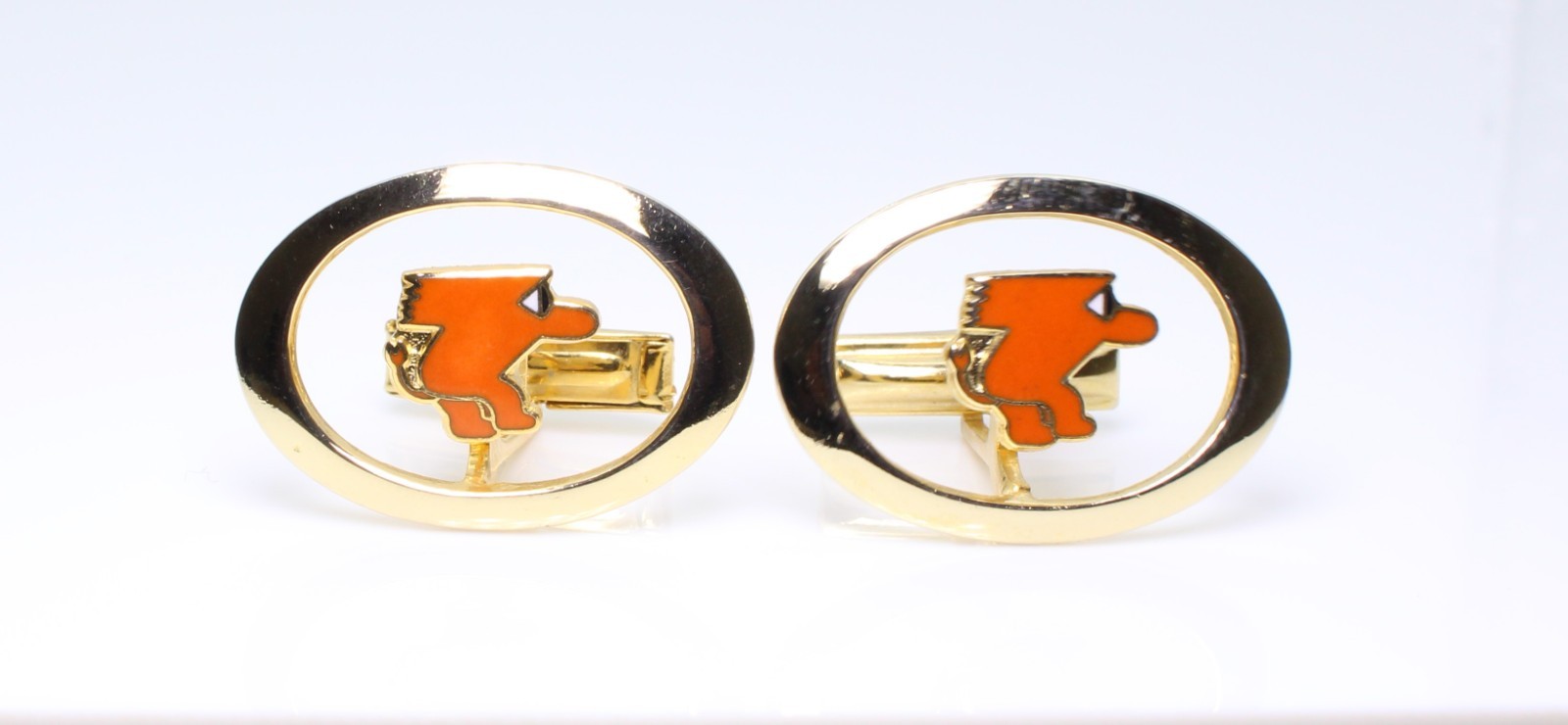 Vintage 1950s Orange Enamel Mascot Floating Logo Cufflinks MCM Gremlin Gnome
