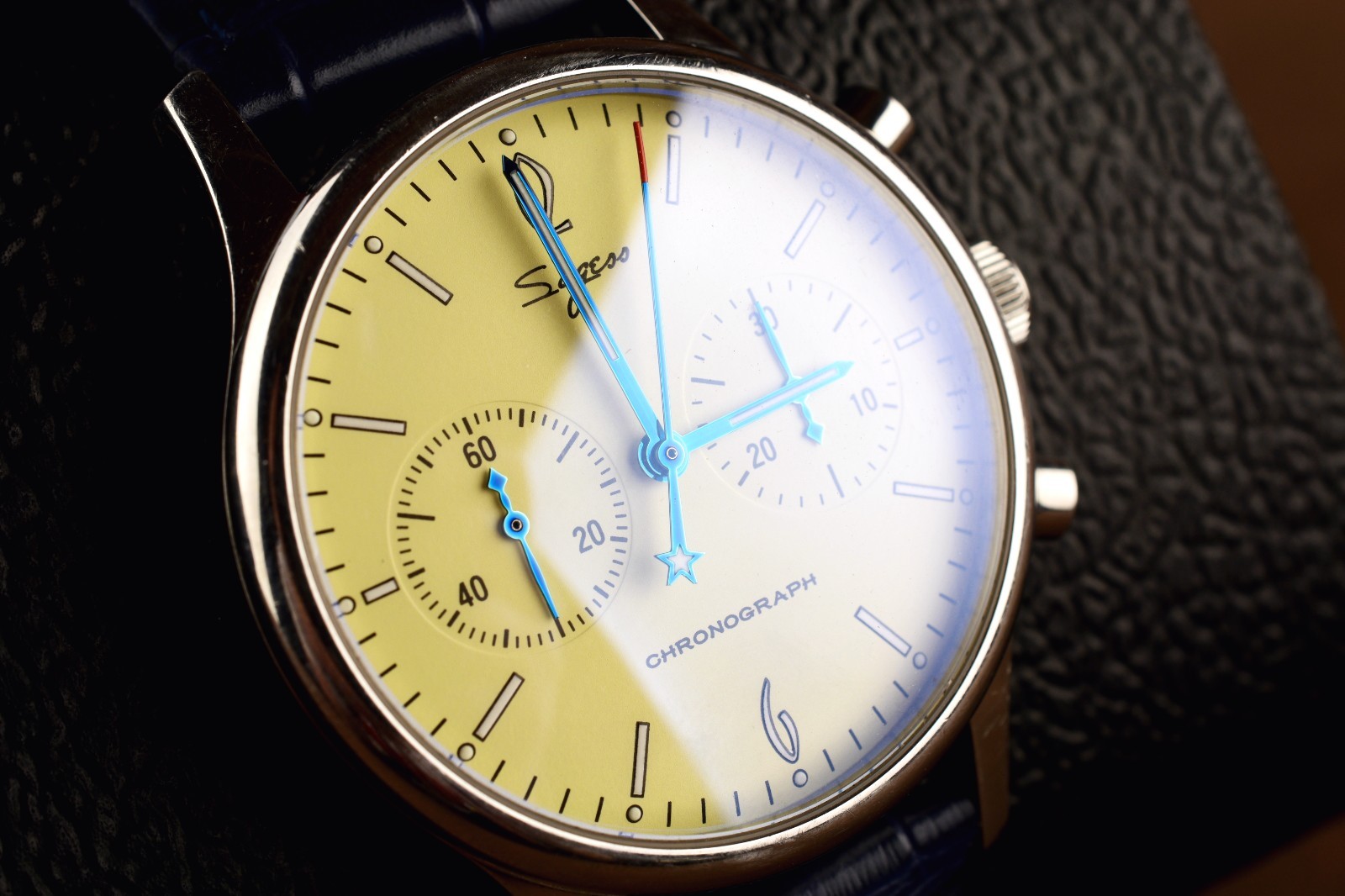 *Sugess Chronograph Mechanical II ST1901 Stainless Steel, Navy Leather Bracelet
