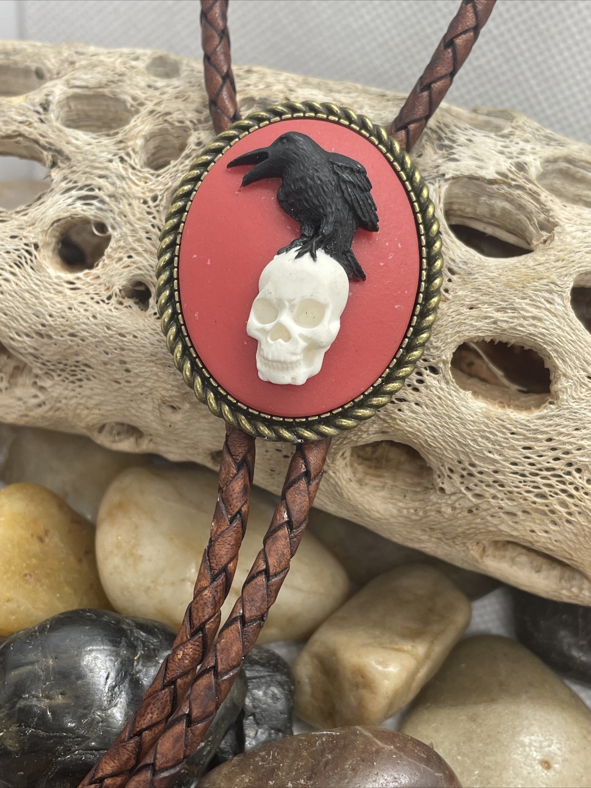 RED BLK BRONZE Gothic Wedding Western Southwest Raven Black Crow Skull Bolo tie