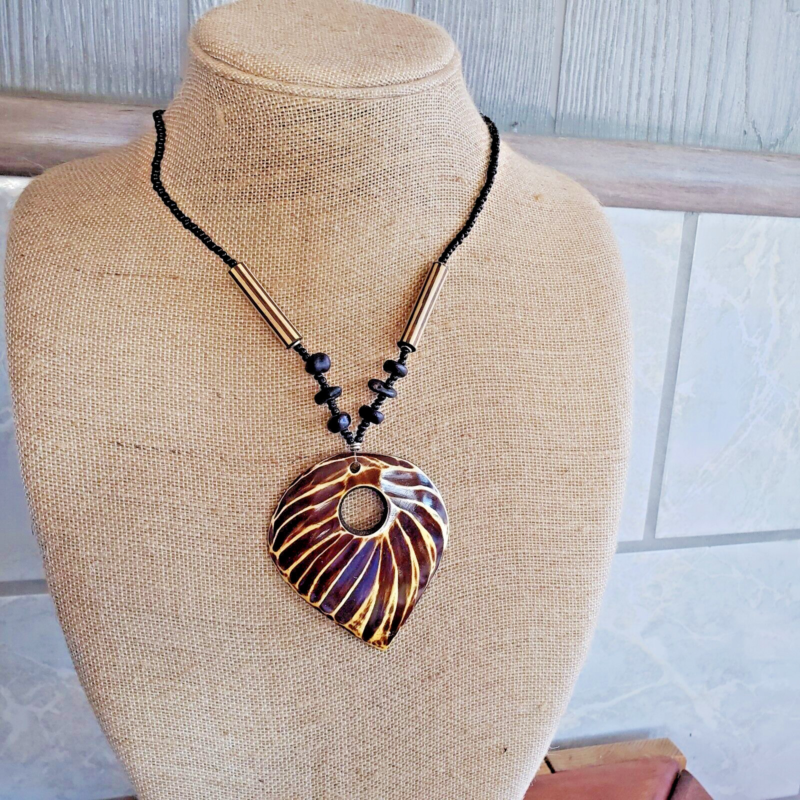 African- Handmade Bead/Horn Pendant Necklace- 18″-Black/brown- Kenya – az