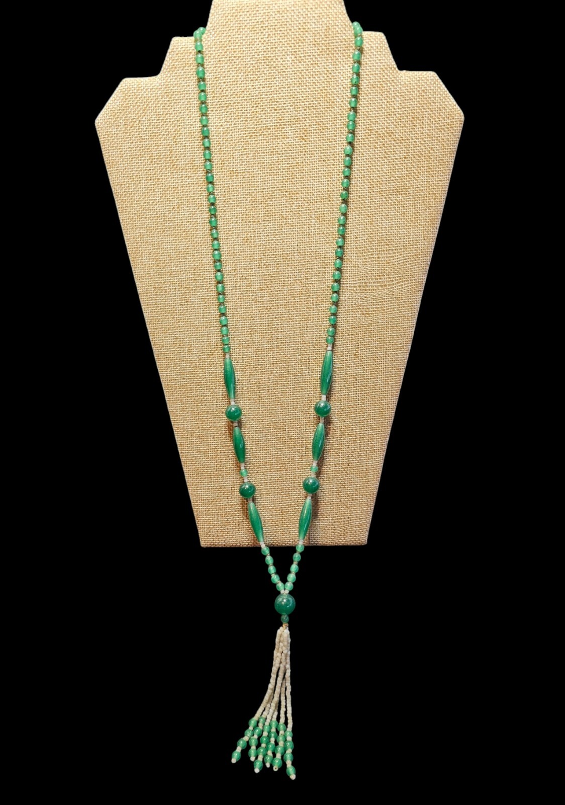 Antique 1920-30s Art Deco Sautoir Green White Uranium Glass Bead Tassel Necklace