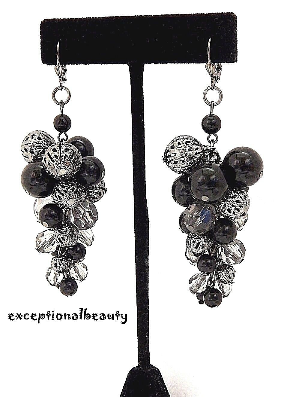 Dangle Noir Leverback Hollow Beaded Bauble Filigree Earrings Jet Black Gunmetal