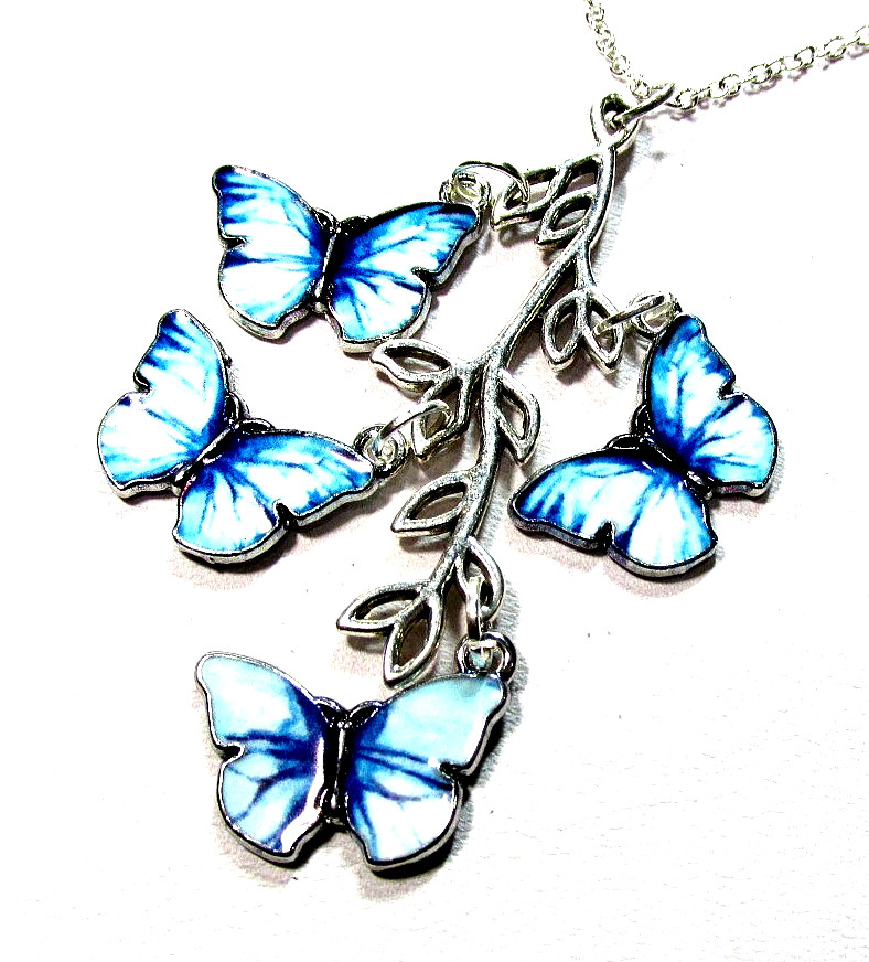 Silver Tone Blue & White Butterflies On Branch 18″ Necklace -NWOT (#3133)