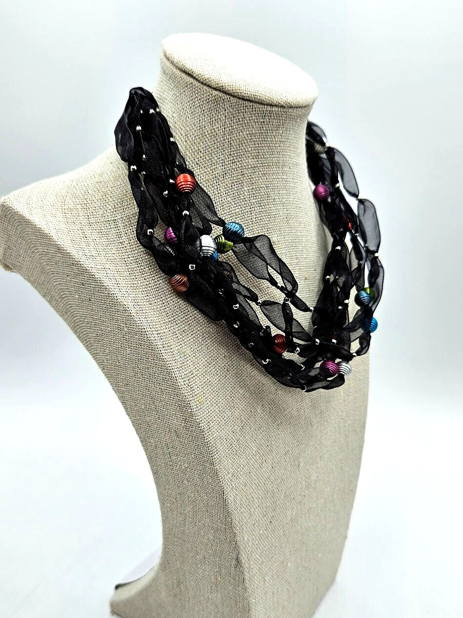 Black Laced Necklace 9 Strands SilverToned Dainty Beaded Cluster Multicolor 16″