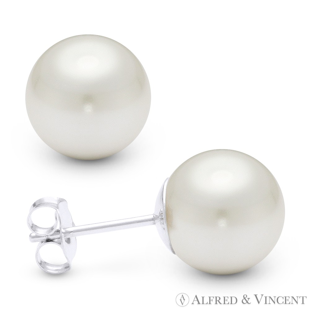 Cream White Cultured Freshwater Pearl Pushback Stud Earrings in 14k White Gold