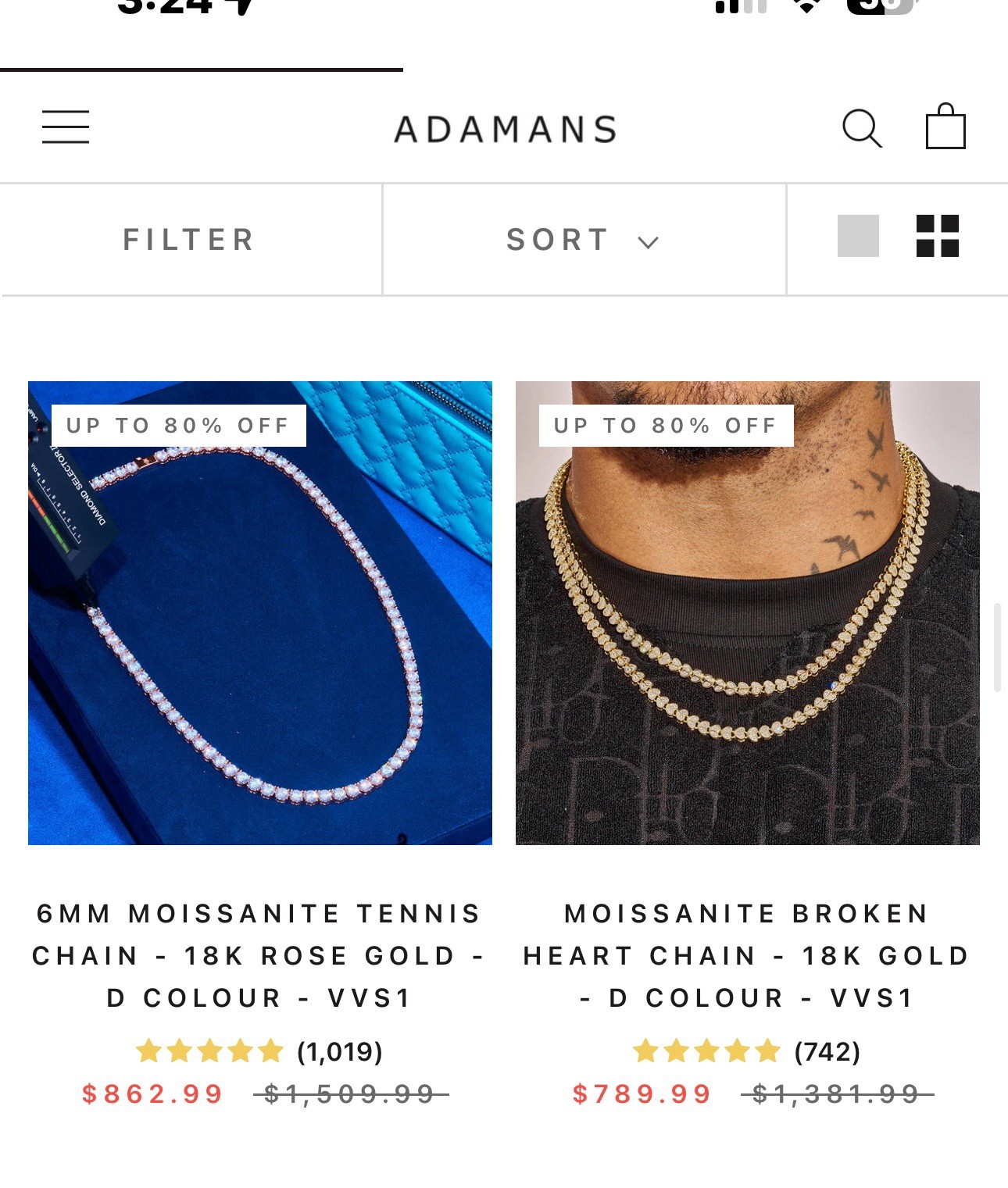 Adamans Moissanite Tennis Chain Necklace VVS1 Silver Very Good Cut White