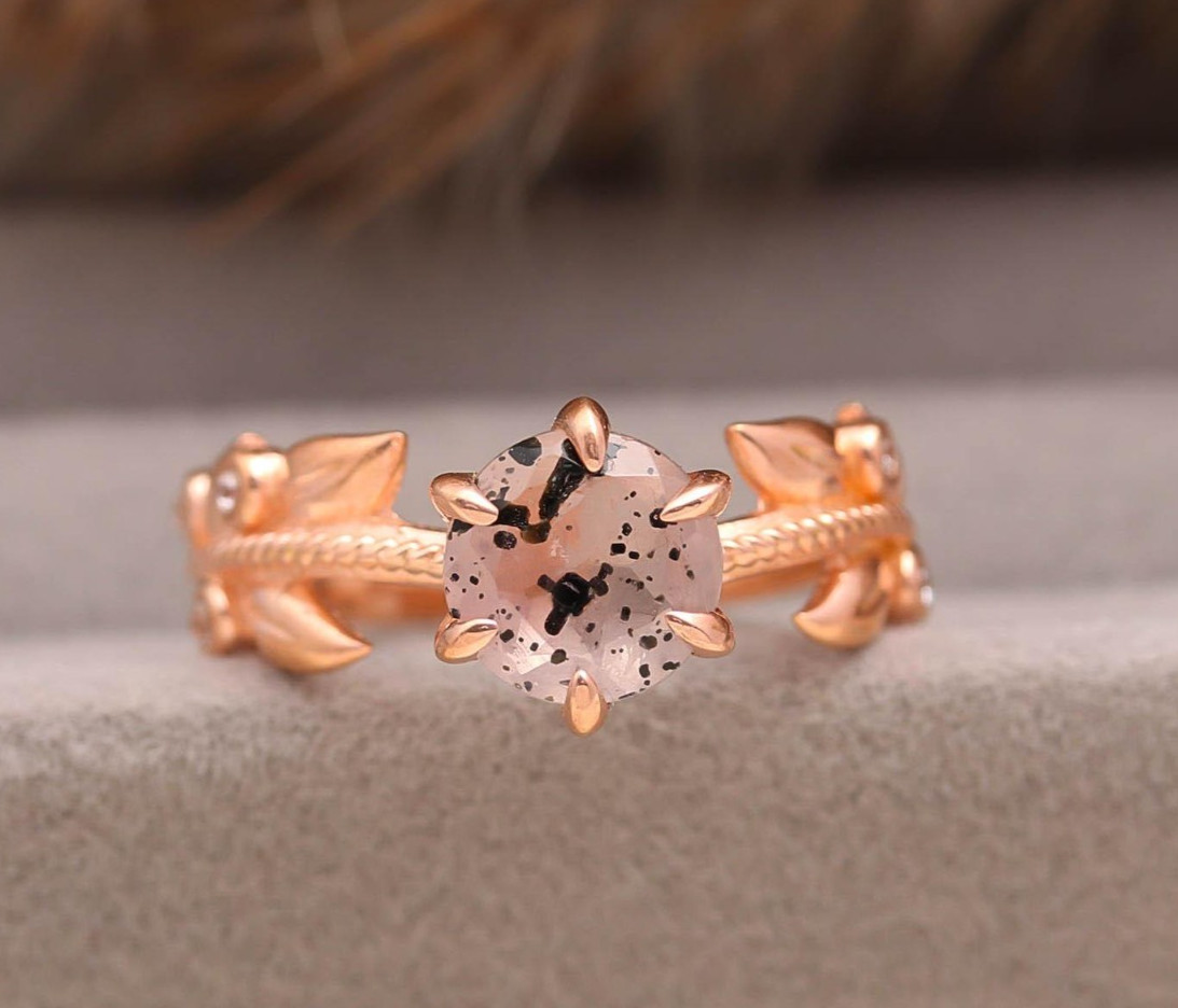 Natural Pink Dot Quartz Round Ring Rose Gold Fill 925 Sterling Silver Jewelry