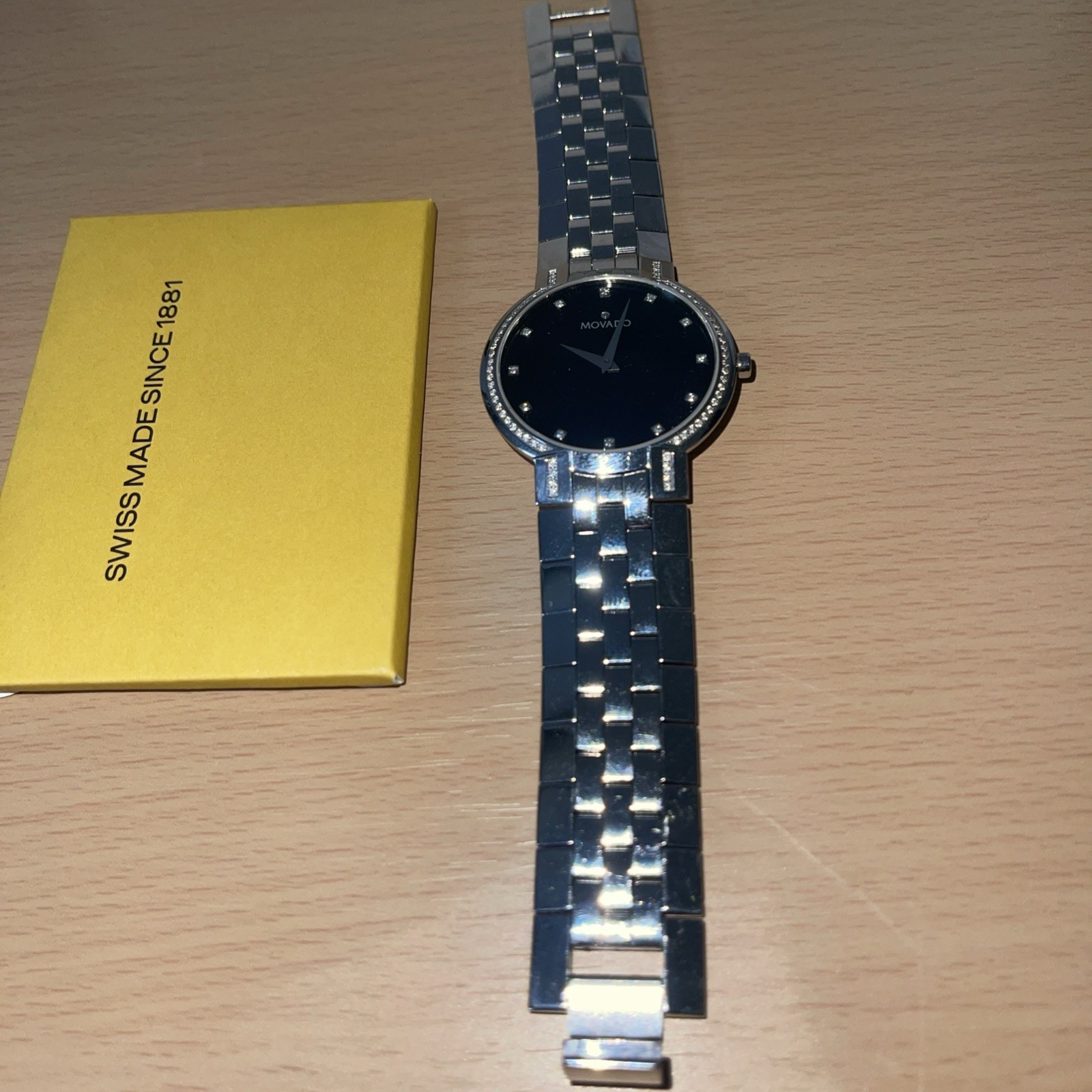 Womens Movado Faceto Black Dial Stainless Steel With Diamonds