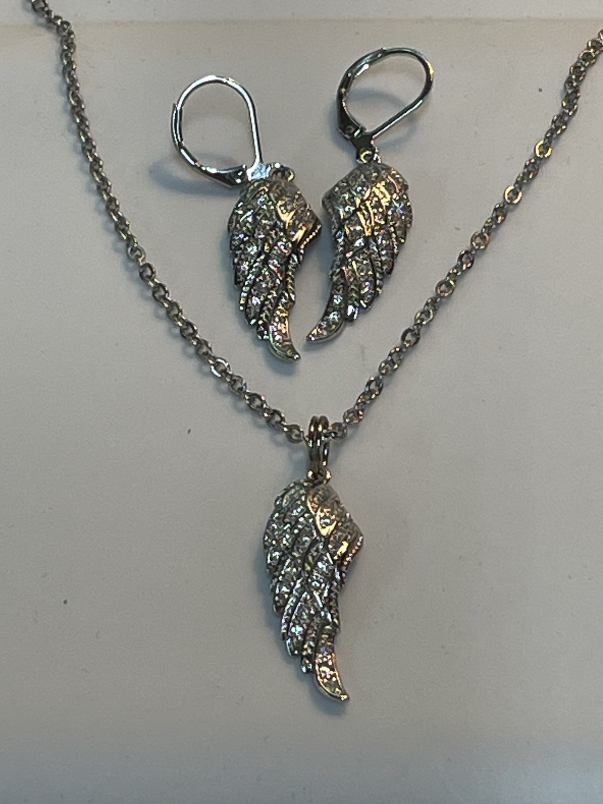 Angel Wings Necklace Earring Set 18” Stainless Silver Stones Statement NEW