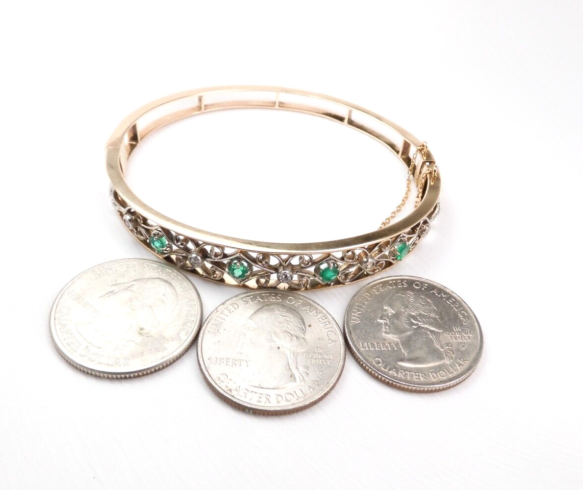 Antique Colombian Emerald & Diamond 1.03 CTW Bracelet 14K Gold Filigree Muzo Min