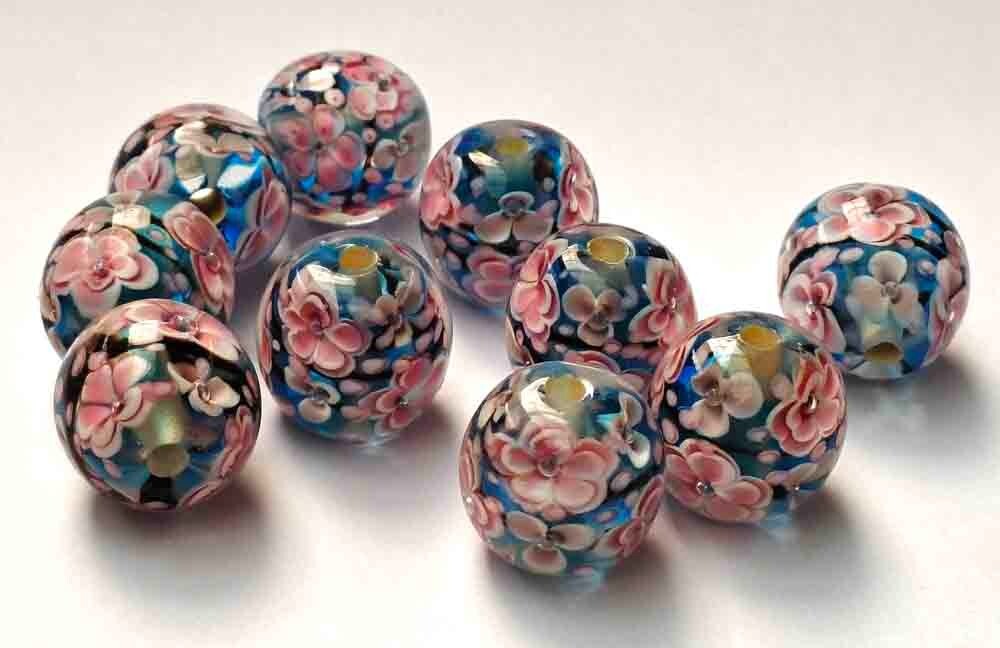 10pcs handmade Lampwork glass beads glass Pink Plum on blue 14mm