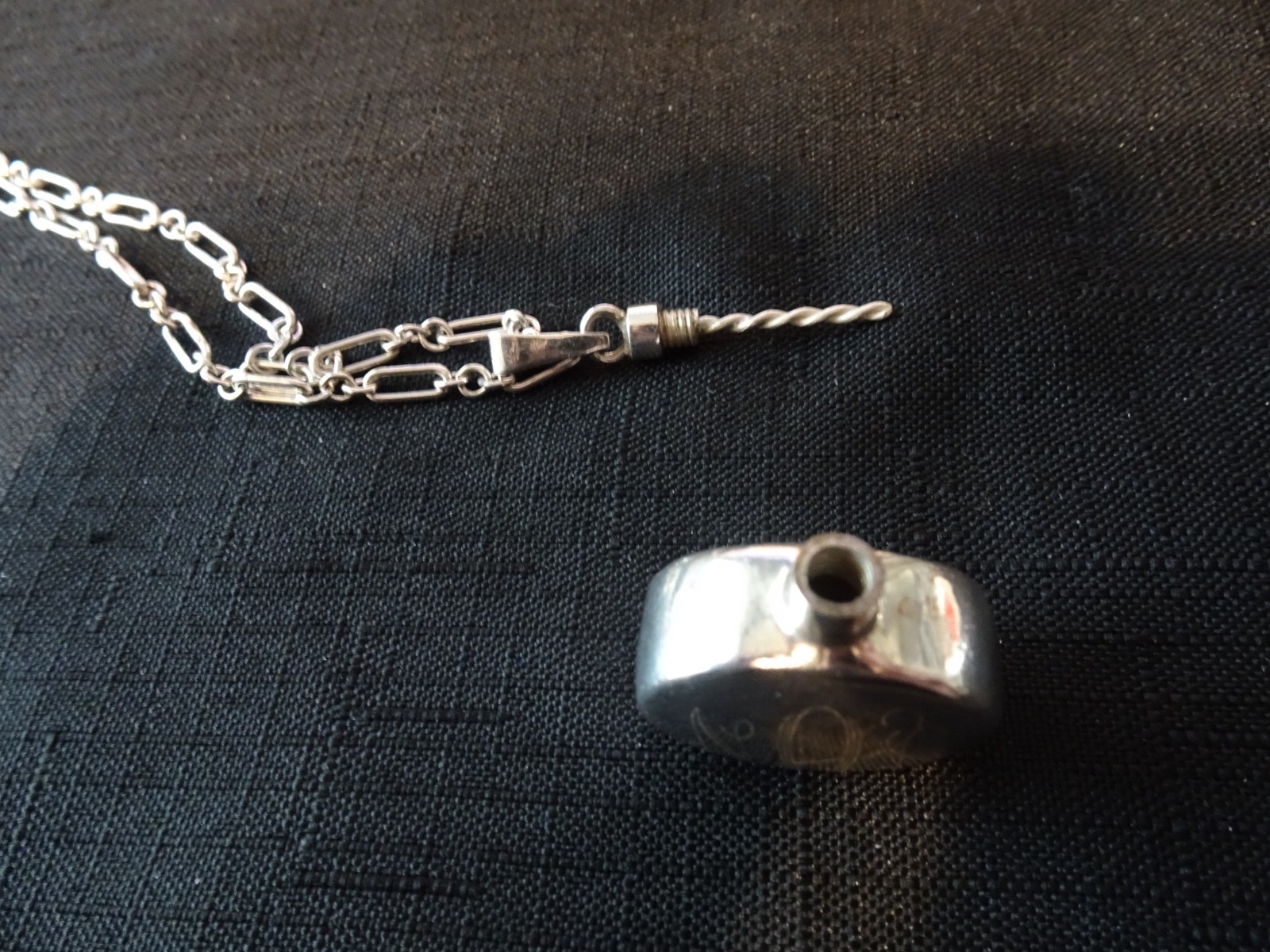 #600–VINTAGE MEXICO STERLING SILVER PERFUME PENDANT WITH INITIALS AND CHAIN-925