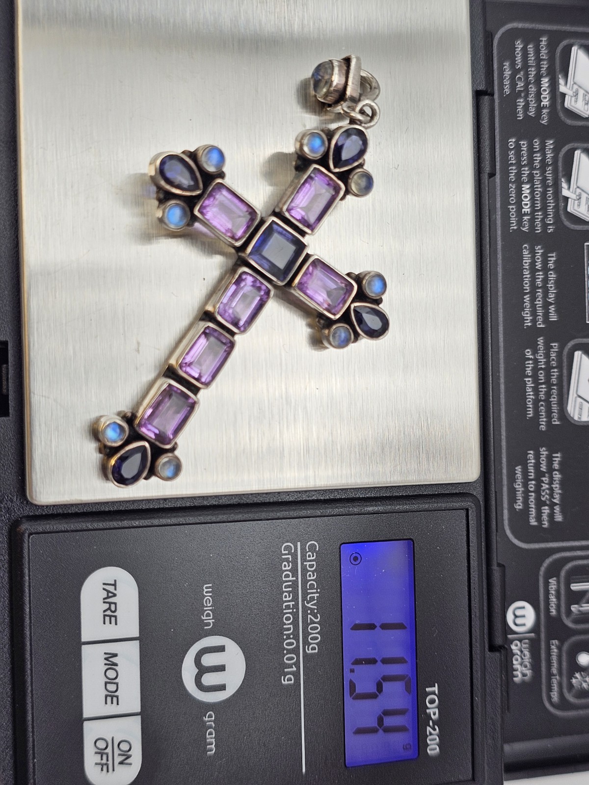 Nicky Butler 925 Silver Cross Pendant Amethyst Iolite Moonstone Signed India 11g