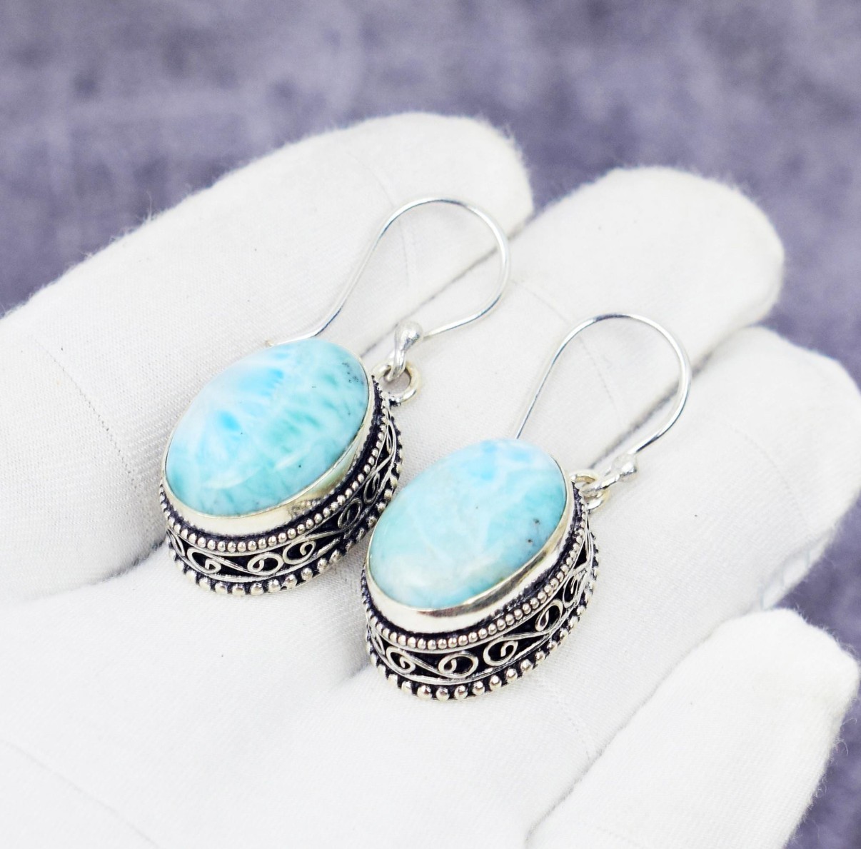 Handmade Oval Caribbean Larimar Earring 925 Sterling Silver Antique Jewelry