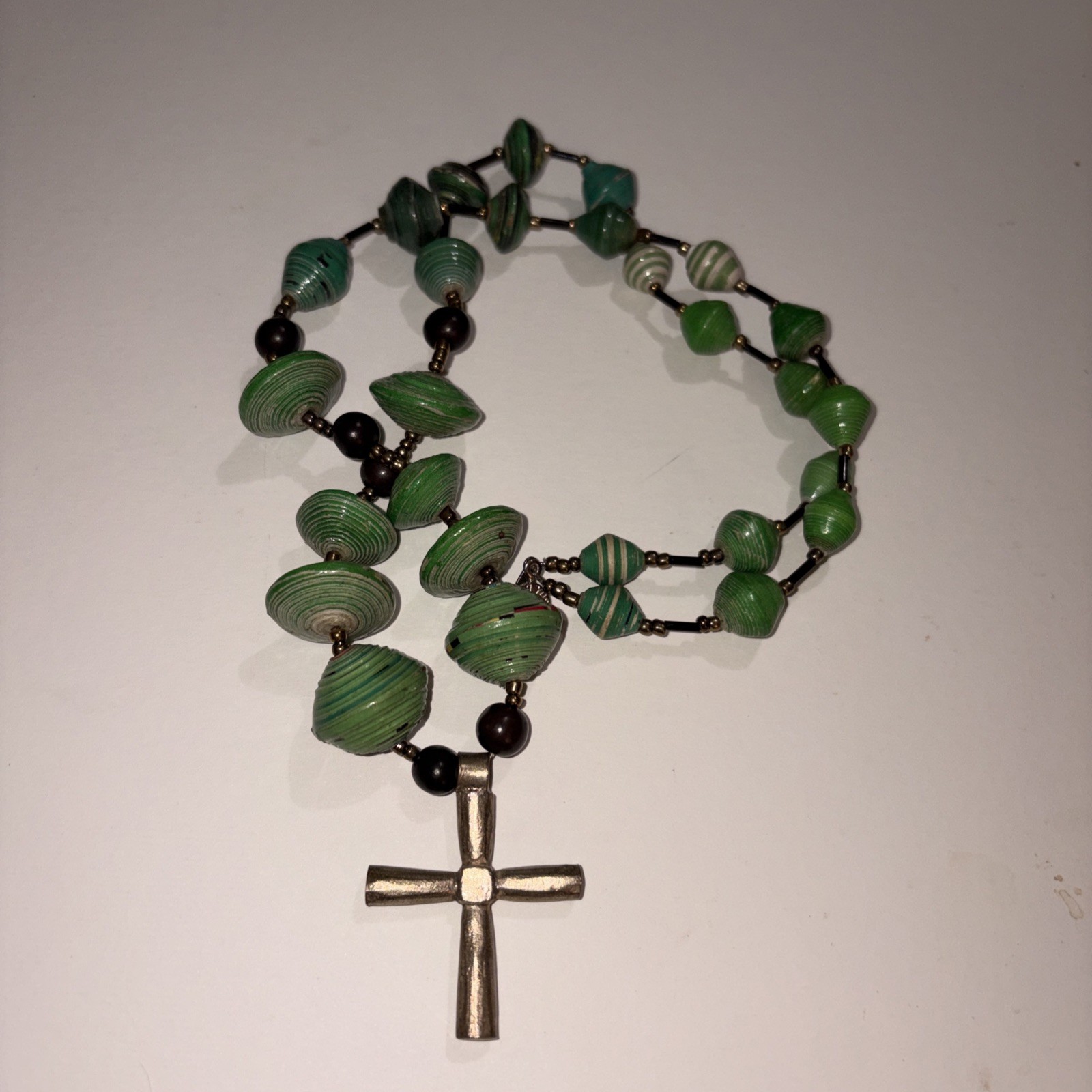 Signed Teng Yue Handmade Green Rolled Paper Bead Cross Necklace Boho Artisan
