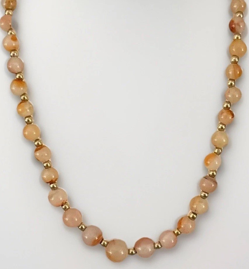 Cherry Blossom Agate Hand Made Beaded Necklace with Gold-Toned Spacers 18”