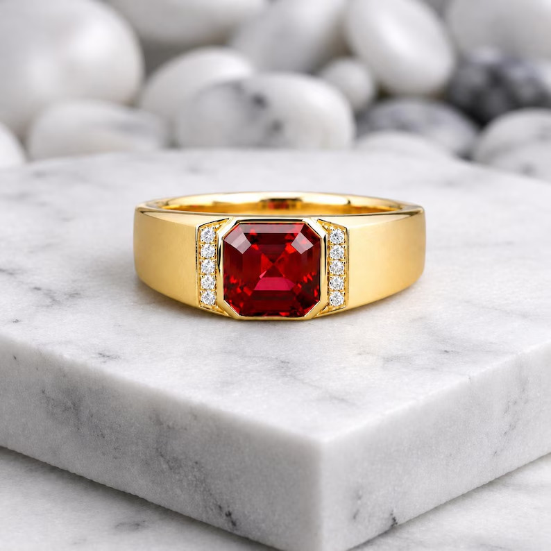 Solid 925 Sterling Silver Lab Created Ruby Ring Red Gemstone Statement Band Gift