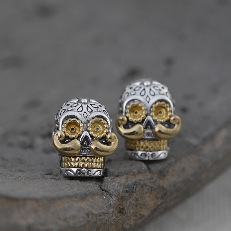 Sterling Silver Sugar Skull Earrings Copper Mustache Studs Day of Dead Jewelry