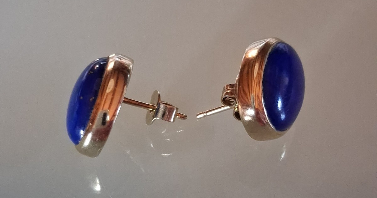 Lapis Lazuli Gold 585 Stud Earrings – Royal Blue AAA – Vintage ~60s