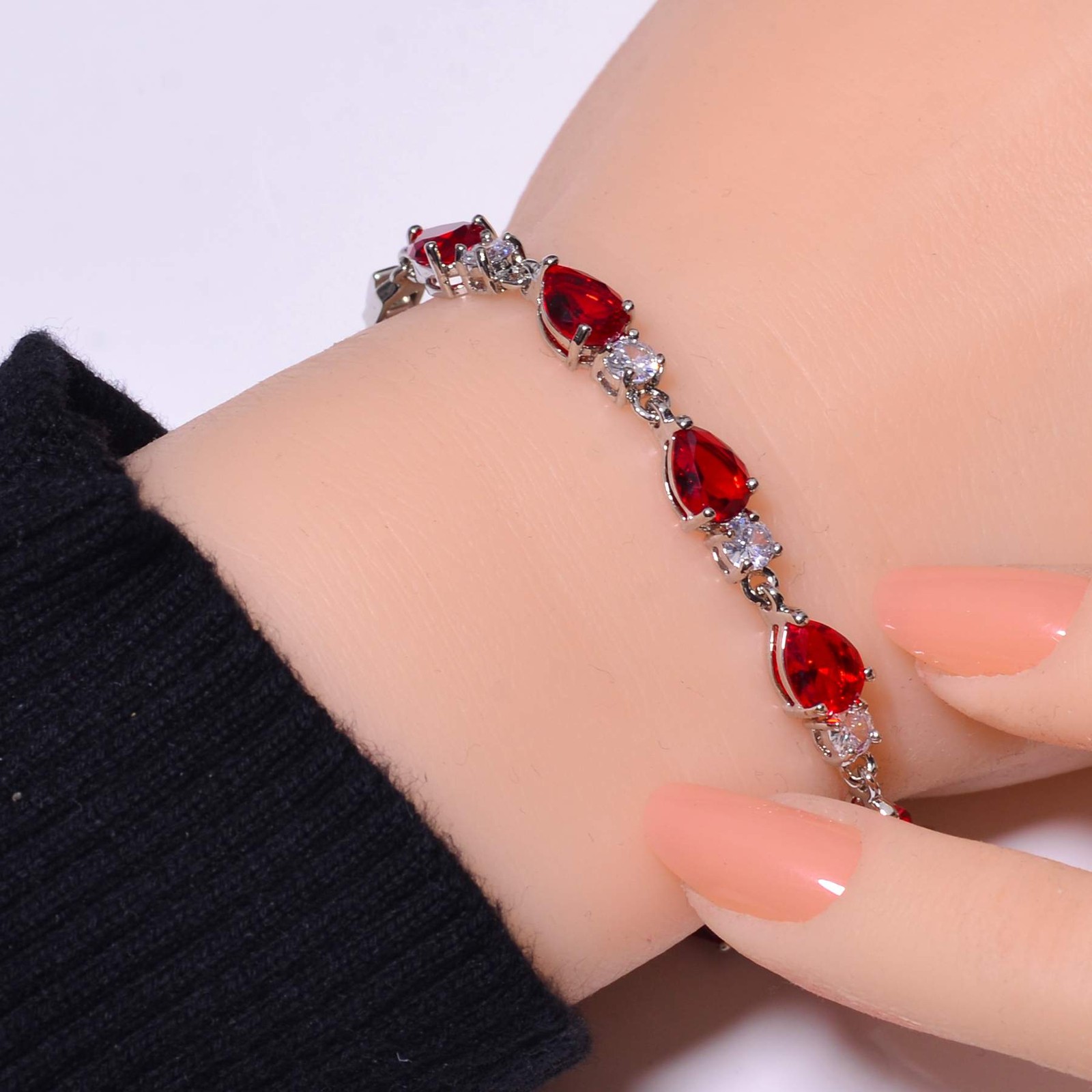 Red Garnet & Cubic Zirconia 925 Sterling Silver Tennis Bracelet 7.99″ B13