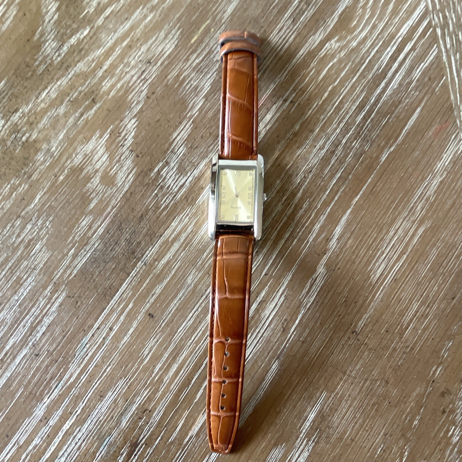 Quartz Rectangle Analog Dress Watch Gold Dial Roman Numerals Brown Leather Strap
