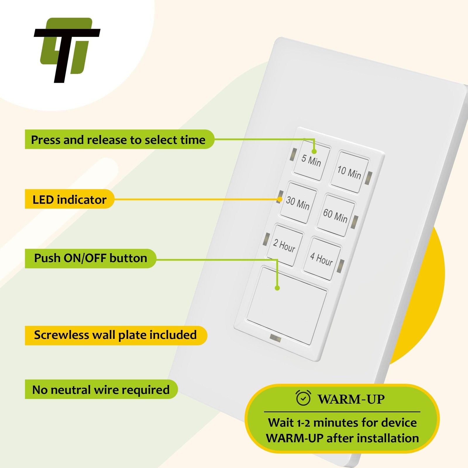 TG 4-Hour No Neutral Countdown Timer Switch, 5-10-30-60 Min, 2-4 Hour, for Ba…