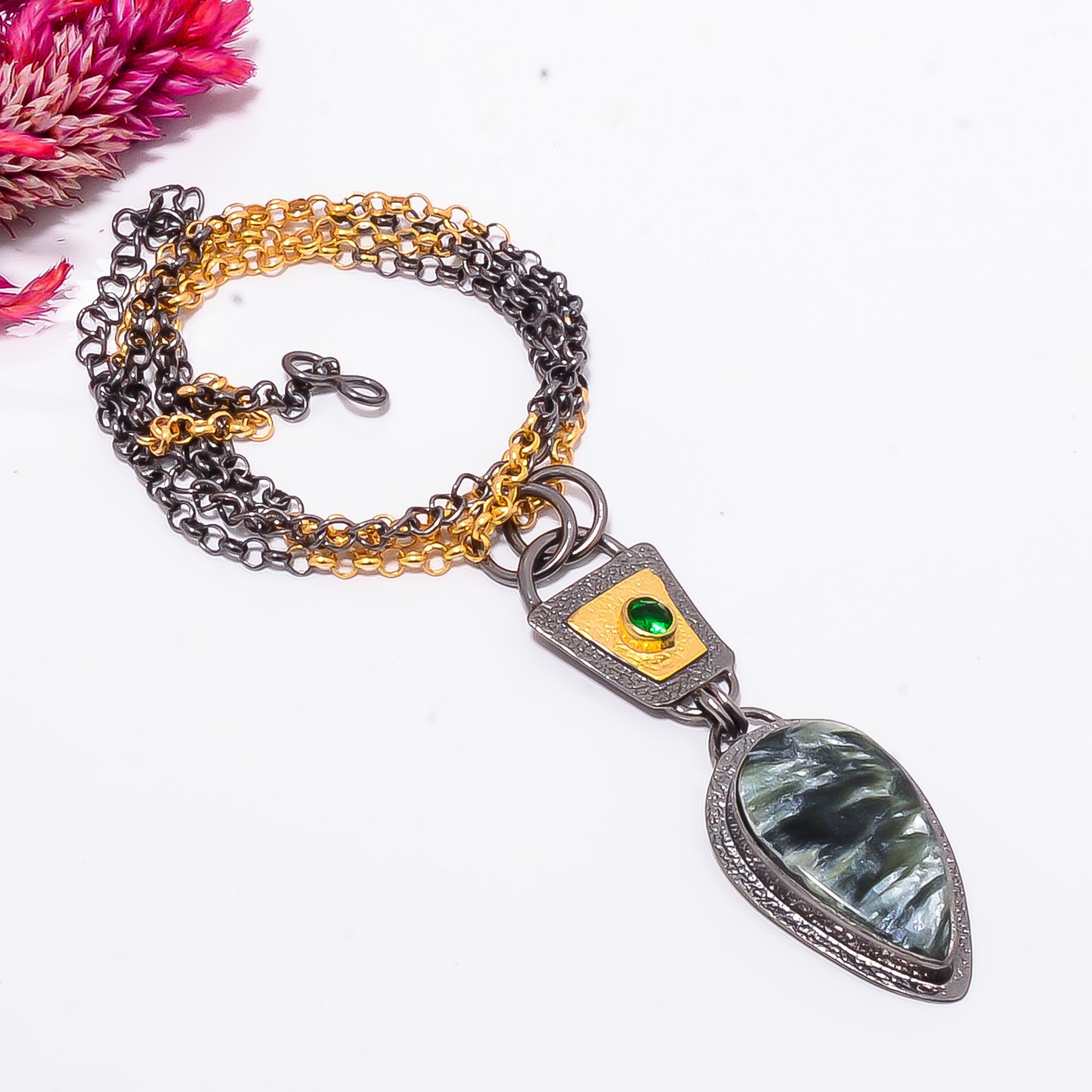 Seraphinite, Tsavorite Gold Rhodium 925 Sterling Silver Chain Pendant 18-22″ Sk4