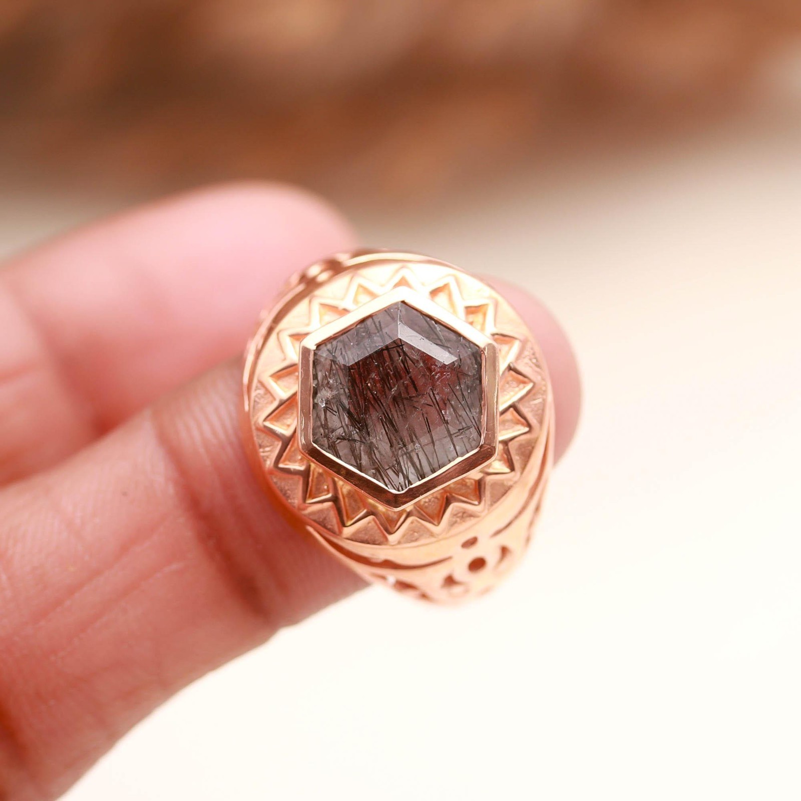 Natural Black Rutile Hexagon Ring Rose Gold Plated 925 Sterling Silver Jewelry