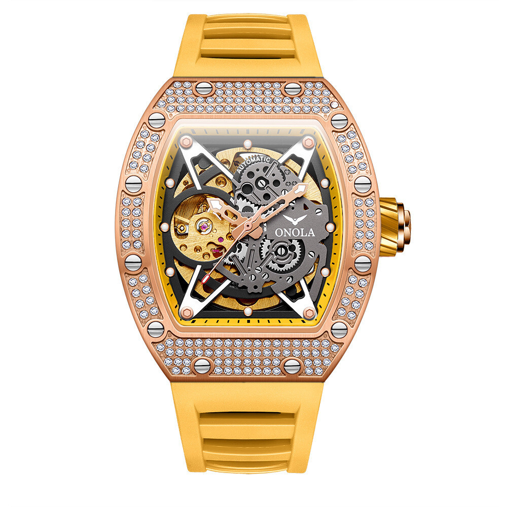 ONOLA Luxury Men’s Automatic Skeleton Watch Diamond-Studded Bezel Rubber Strap