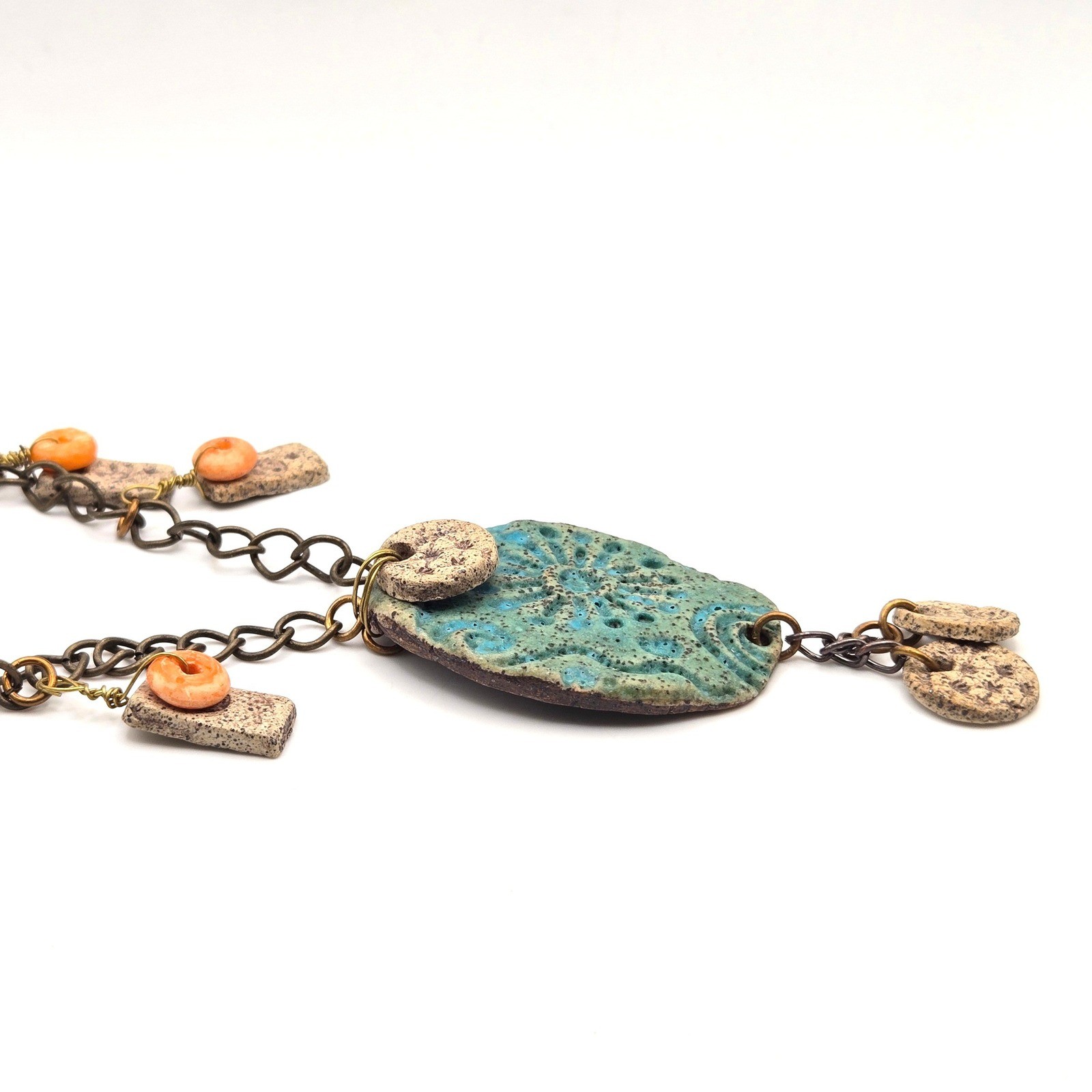Artisan Handmade Ceramic Necklace Pottery Statement Teal Boho Mixed Media Brass