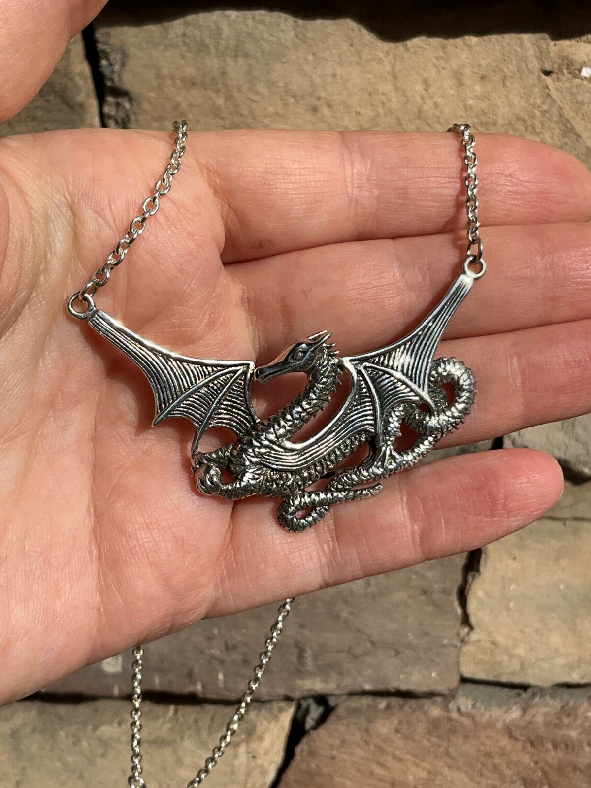 Huge Sterling Silver Dragon Necklace Peter Stone