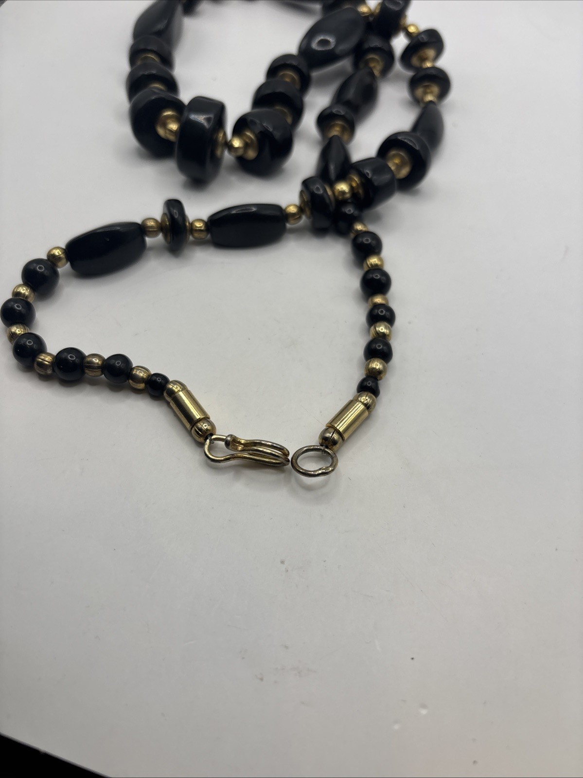 Vintage Black And Gold Toned Beaded Necklace Hook Clasp