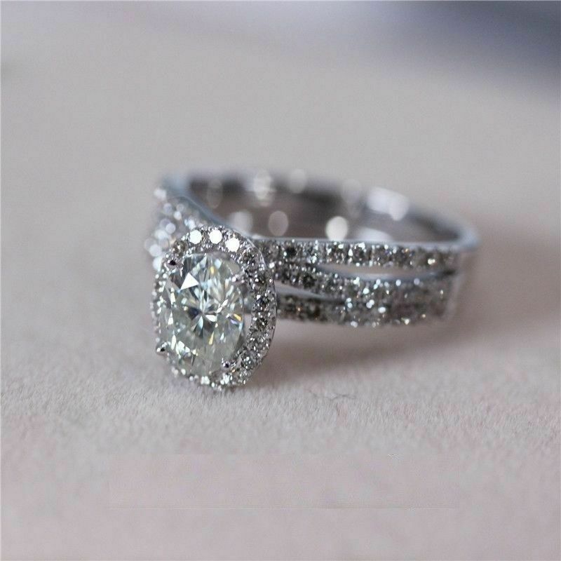 1.90CT White Oval Cut CZ Halo Wedding Ring Set In Solid 925 Sterling Silver