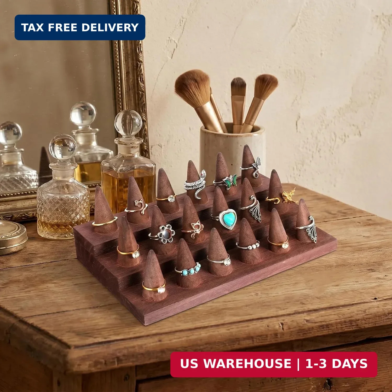 Wood Ring Display – 2 Piece Holder for Jewelry, Wooden Stand, Counter Showcase,