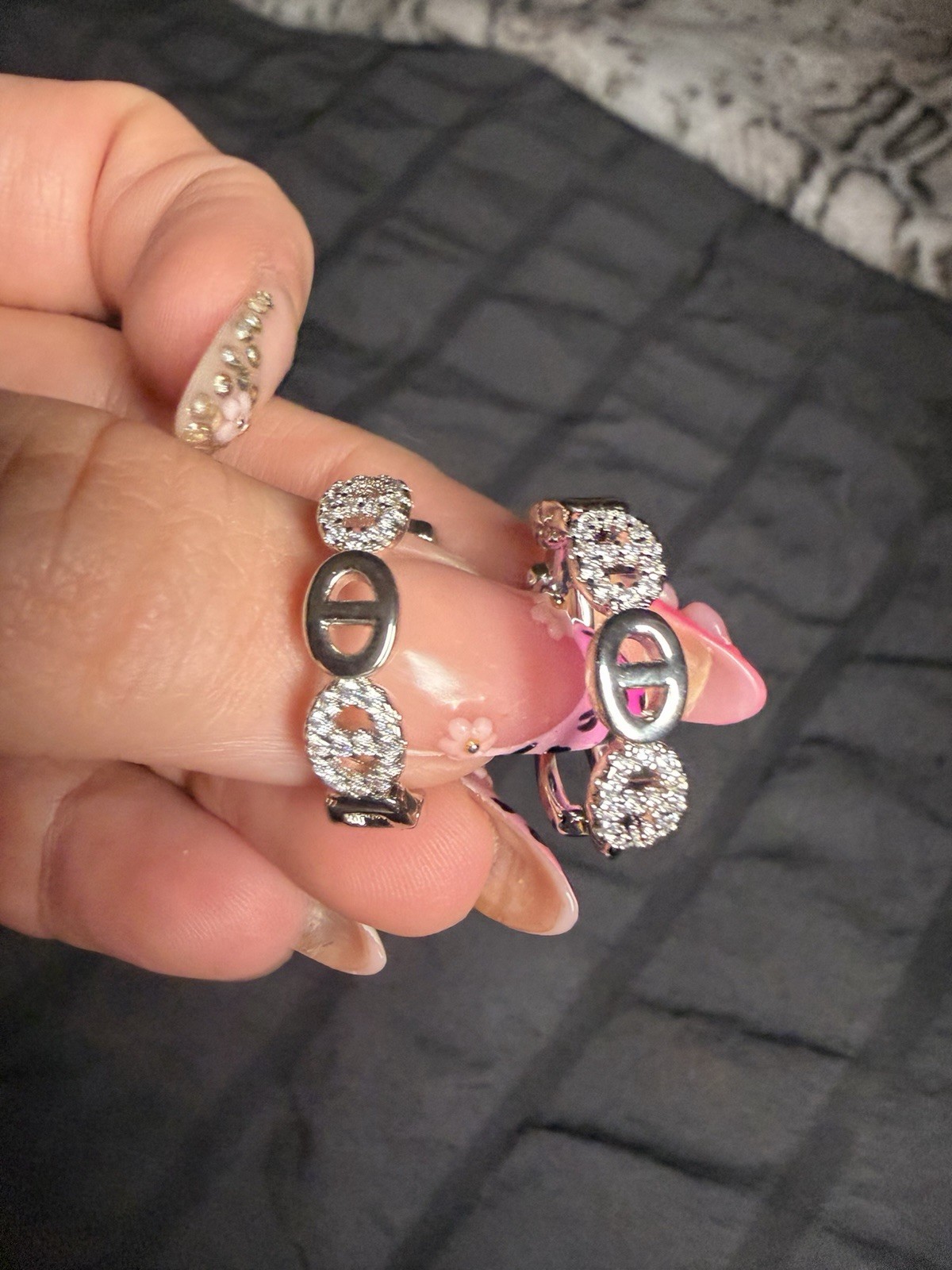 Silver Tone Metal Hinged Hoop Earrings w/ White CZ Oval Link Design