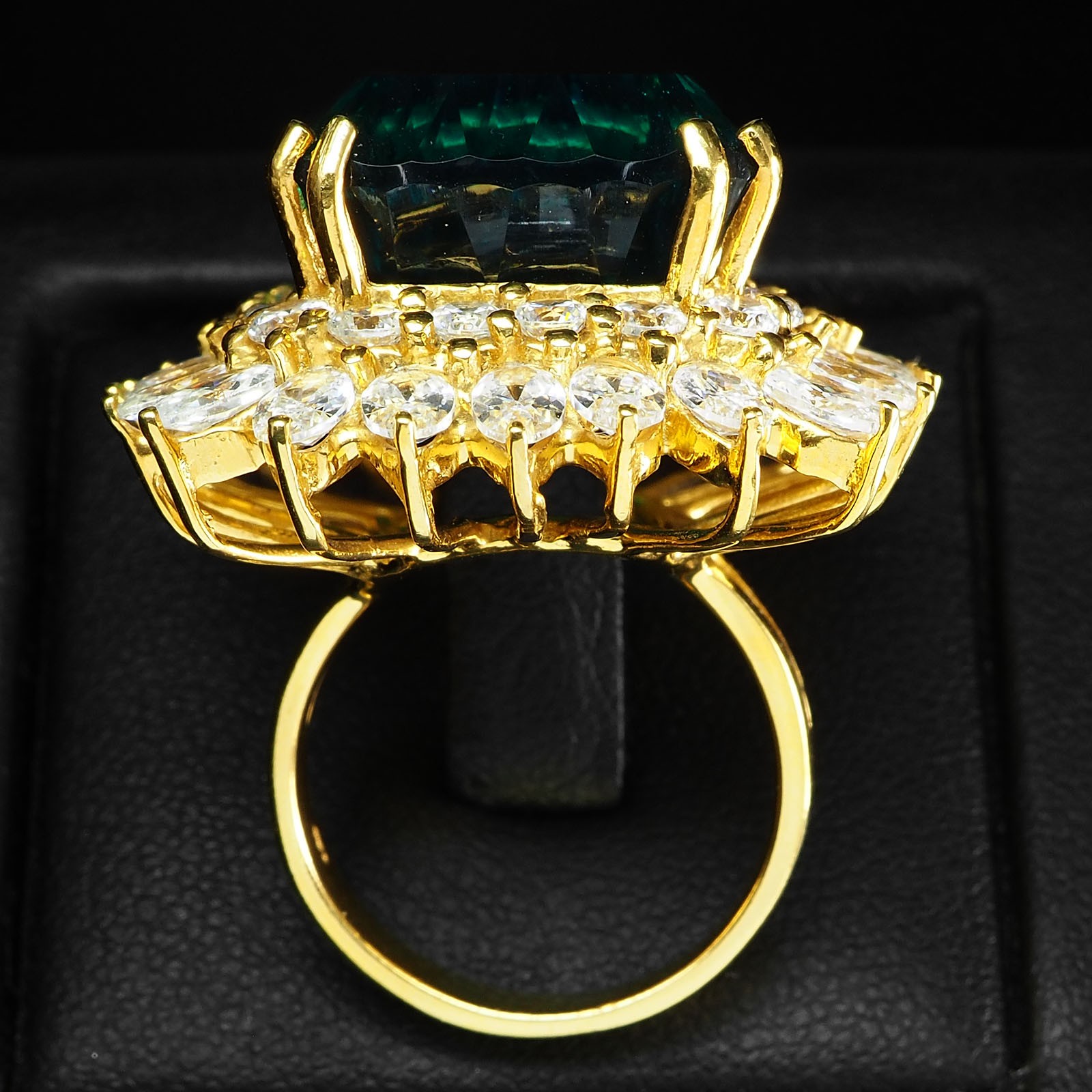 Blue Green Tourmaline Concave 33.5Ct 925 Sterling Silver 24K Gold Ring Size 6.75