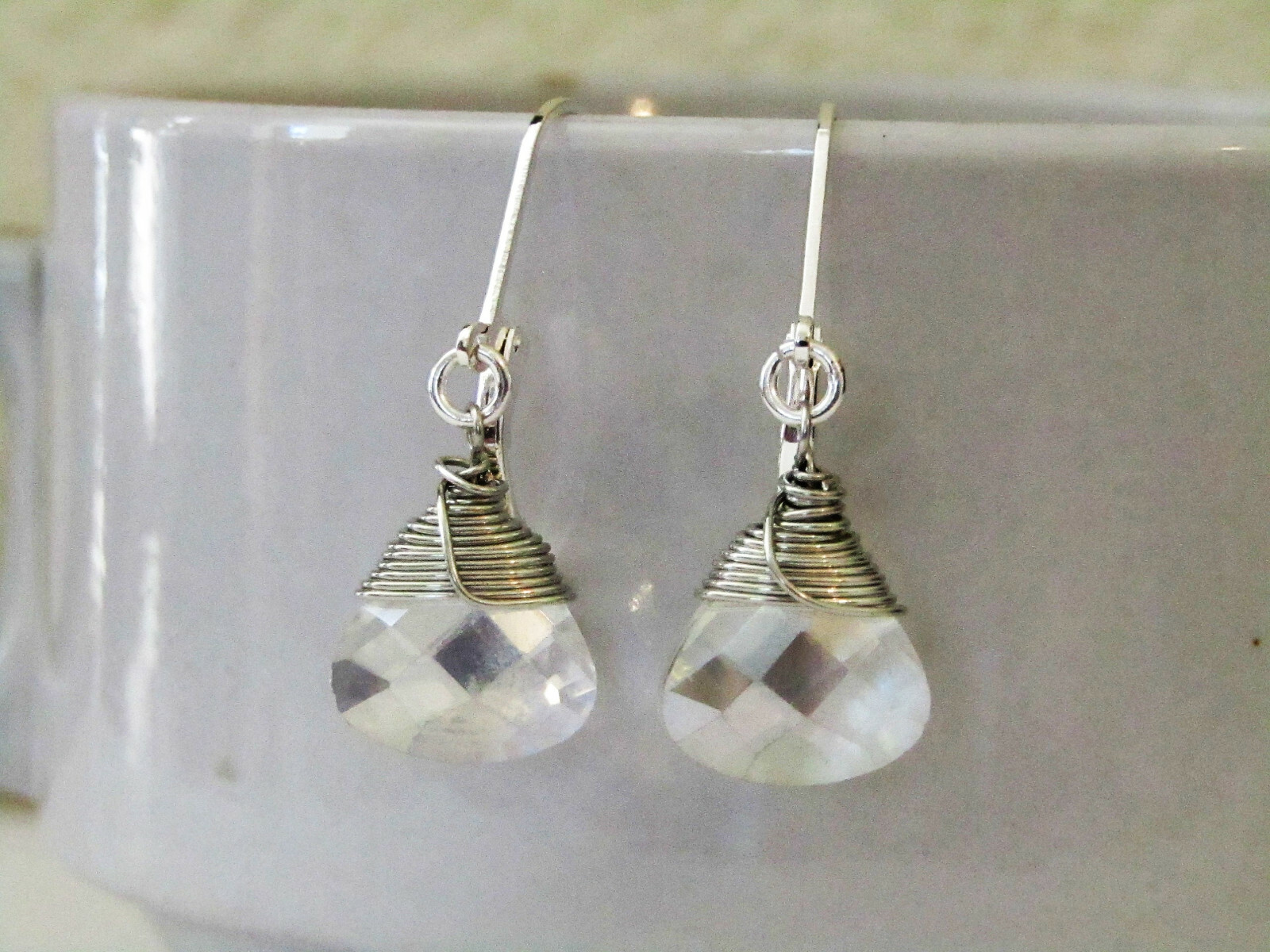 Clear AB Crystal Teardrop Silver LEVERBACK Dangle Earrings