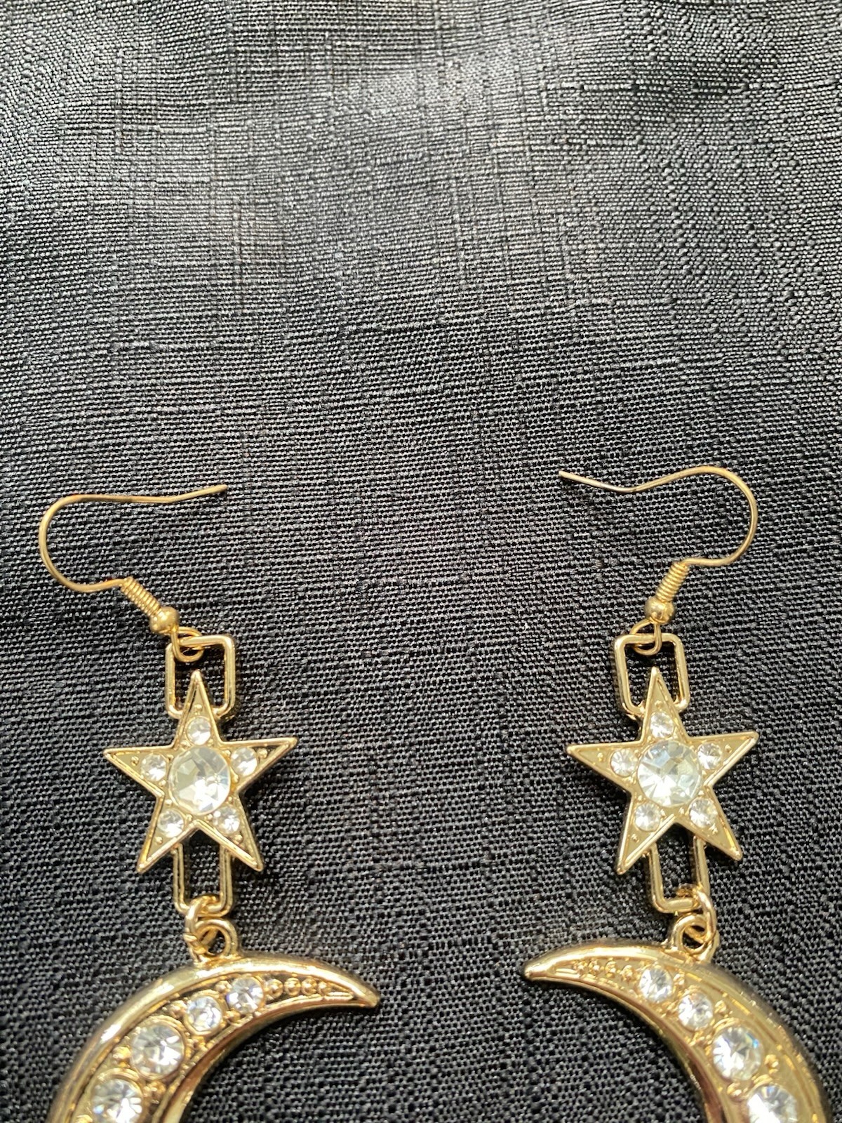 Gold Tone Celestial Moon Star Dangle Drop Earrings Crystal Rhinestone 3.75 in