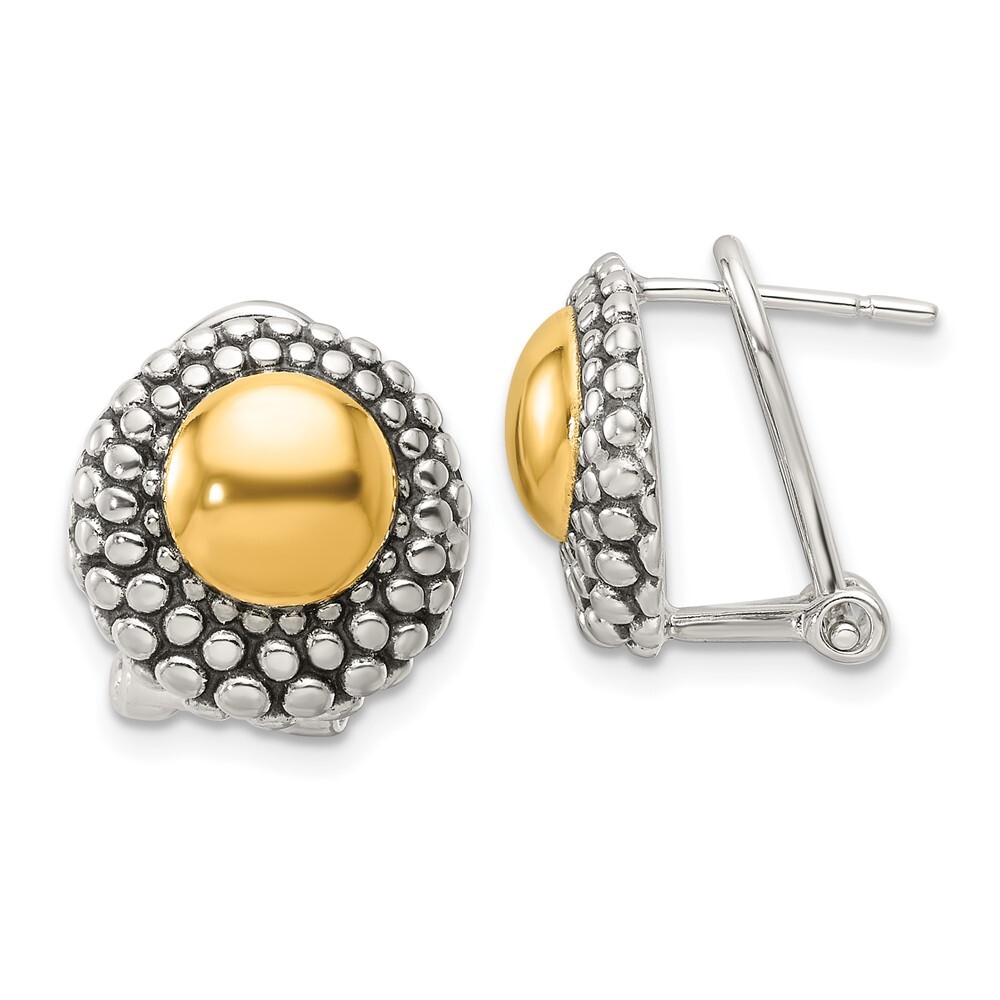 13.7mm Sterling Silver Antiqued & Gold-tone Circle Omega Back Post Earrings