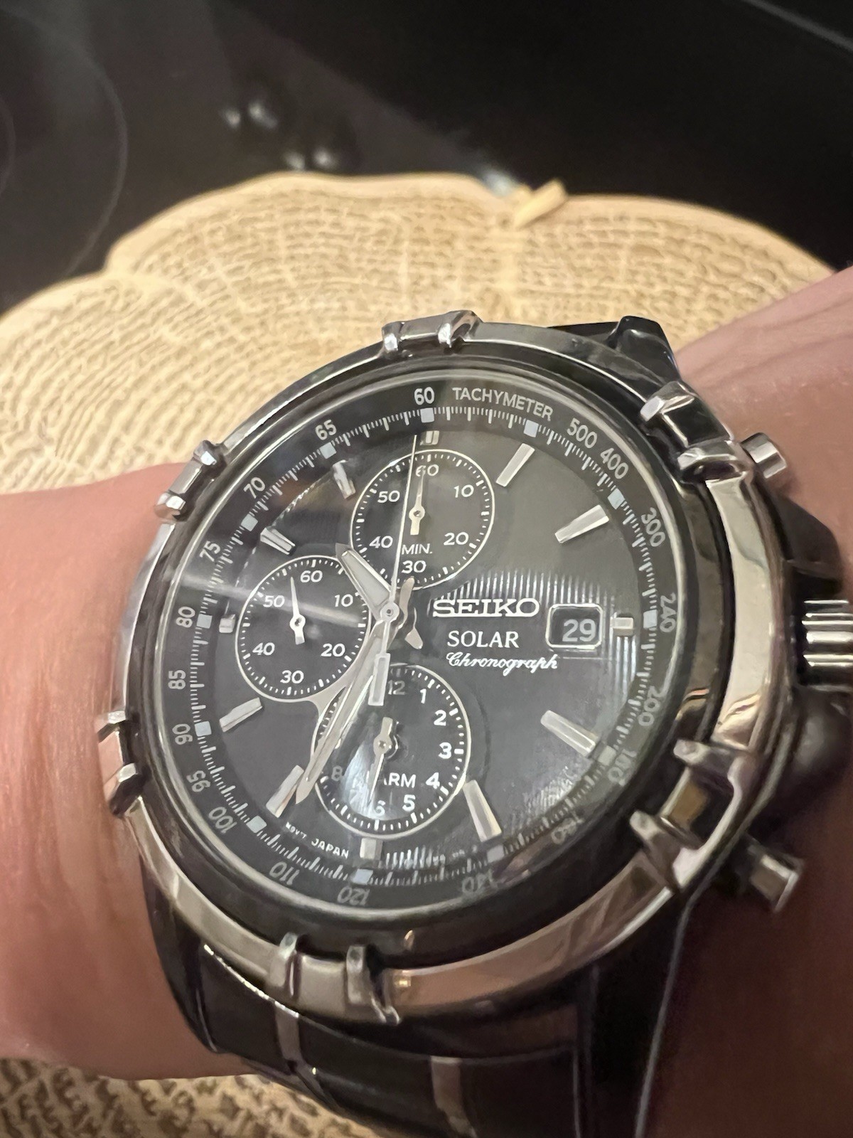 Seiko Solar Chronograph Watch Black Dial Date Alarm SSC143 New In Box