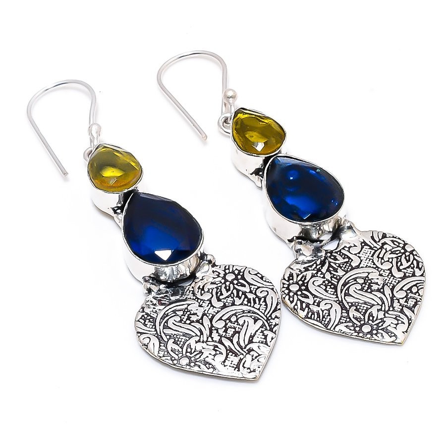 Blue Topaz & Citrine Earrings 925 Sterling Silver Handmade Heart Dangle Earrings