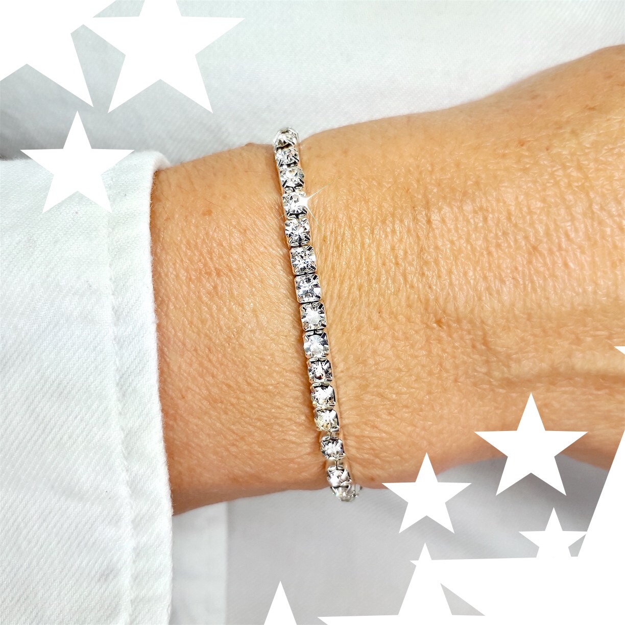 Women Sparkle Silver Crystal Elasticated Stretchy Bracelet 1 2 Rows S M L Bling