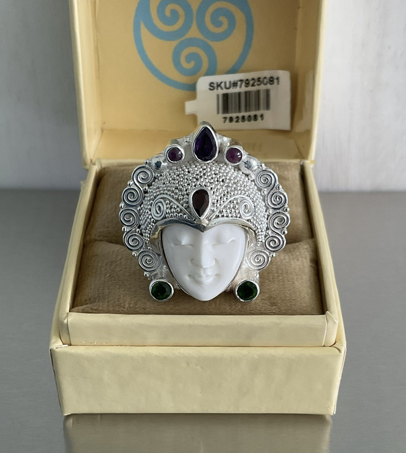 Sajen Silver Carved Goddess Ring Multi Gemstones 925 Sterling Silver Size 9