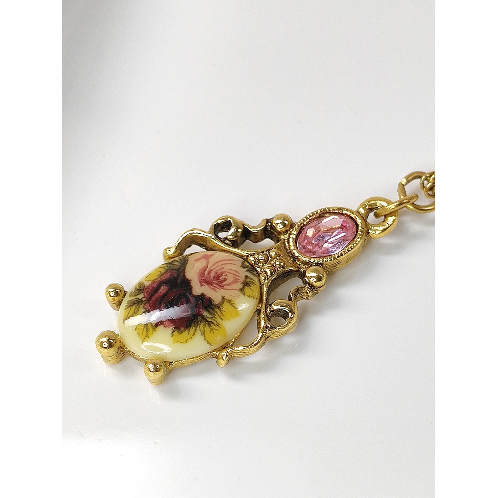 Vintage 1928 Brand Victorian Revival Pendant Necklace 90s Floral Rose Pink 19″