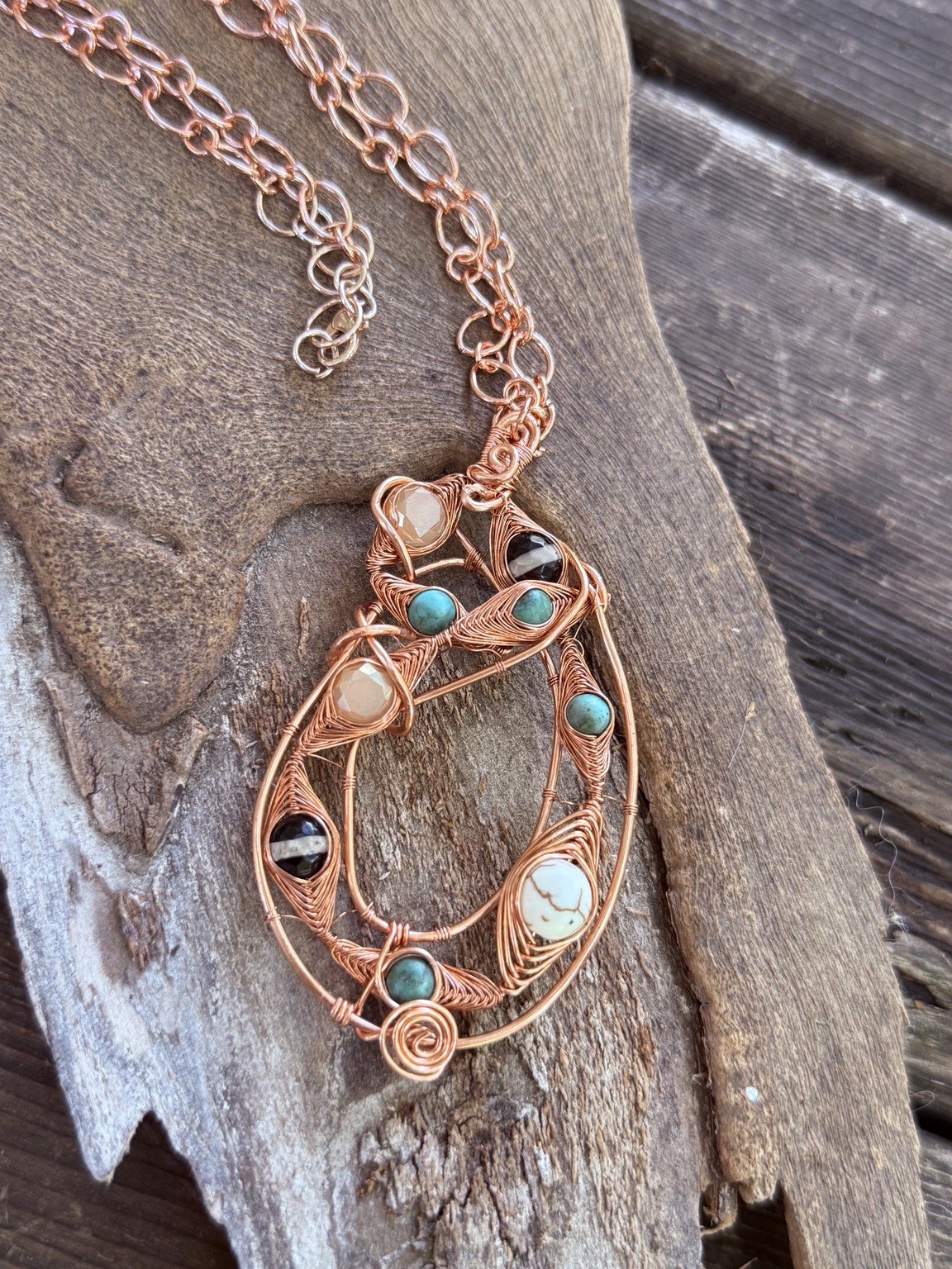 Handmade Copper Wire Wrapped Pendant Necklace Western Boho Beaded Jewelry