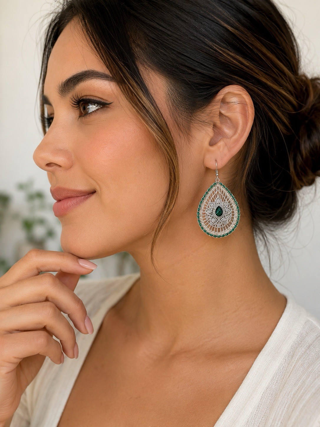 Green Crystal Teardrop Dangle Earrings Silver Tone Gift Box Included